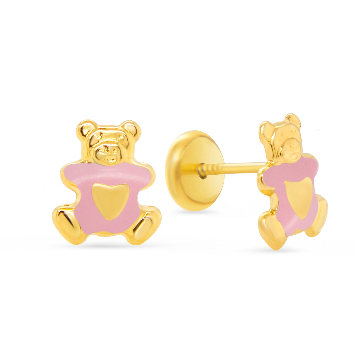 14K Yellow Gold Pink Teddy Bear Enamel Screwback Earrings