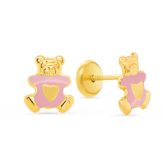 14K Yellow Gold Pink Teddy Bear Enamel Screwback Earrings
