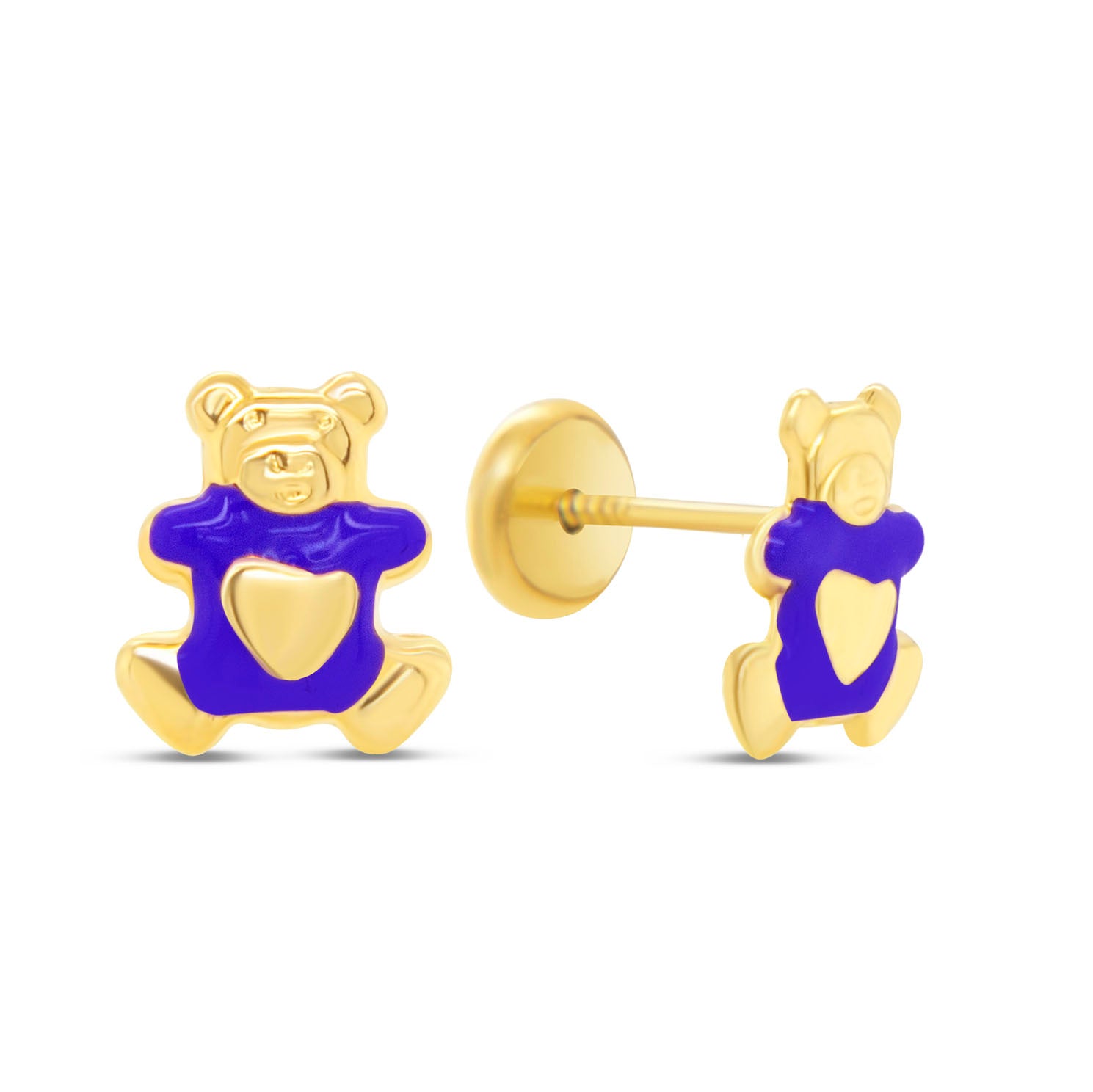 14K Yellow Gold Purple Teddy Bear Enamel Screwback Earrings