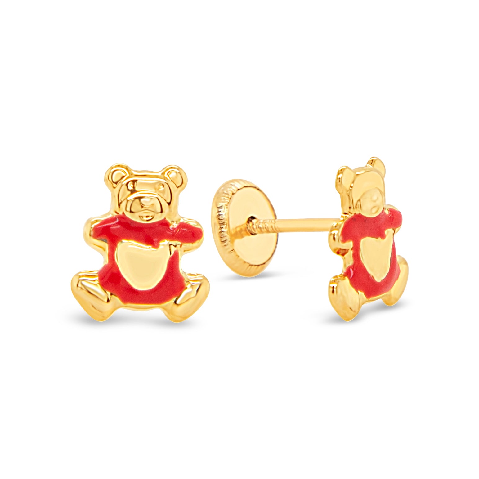 14K Yellow Gold Red Teddy Bear Enamel Screwback Earrings