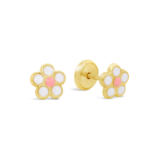 14K Yellow Gold White and Pink Flower Enamel Screwback Earrings