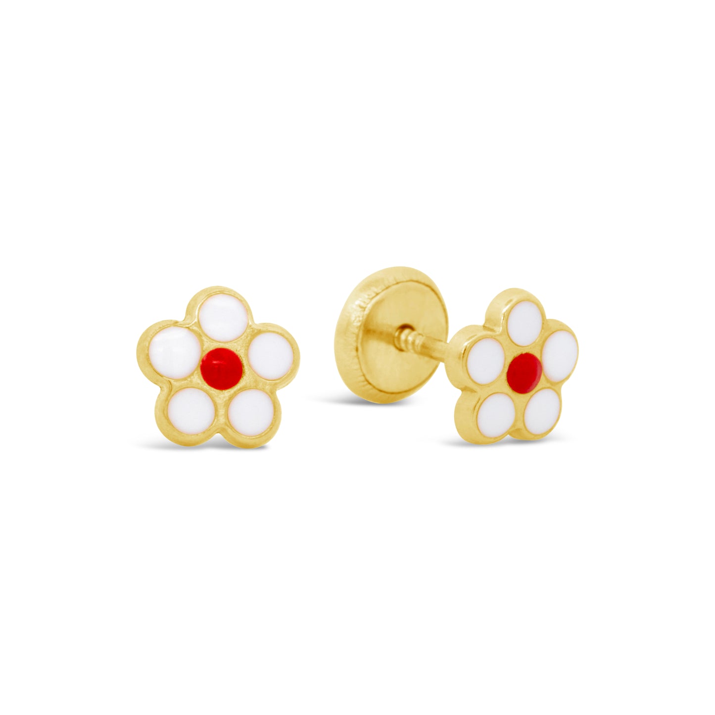 14K Yellow Gold White and Red Flower Enamel Screwback Earrings