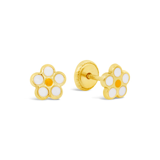14K Yellow Gold White and Yellow Flower Enamel Screwback Earrings