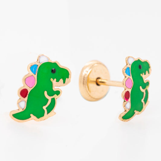 14K Yellow Gold Green Dinosaur Enamel Screwback Earrings