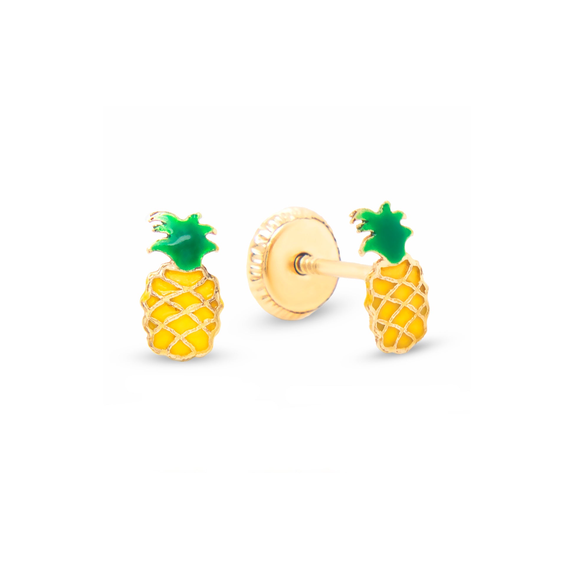 14K Yellow Gold Small Pinnaple Enamel Screwback Earrings