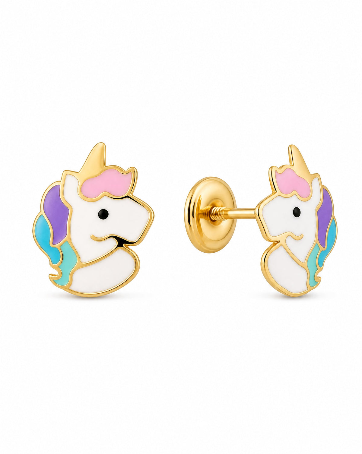 14K Yellow Gold Multicolor Enamel Unicorn Screwback Earrings