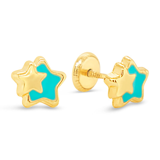14K Yellow Gold Light Blue Double Stars Enamel Screwback Earrings