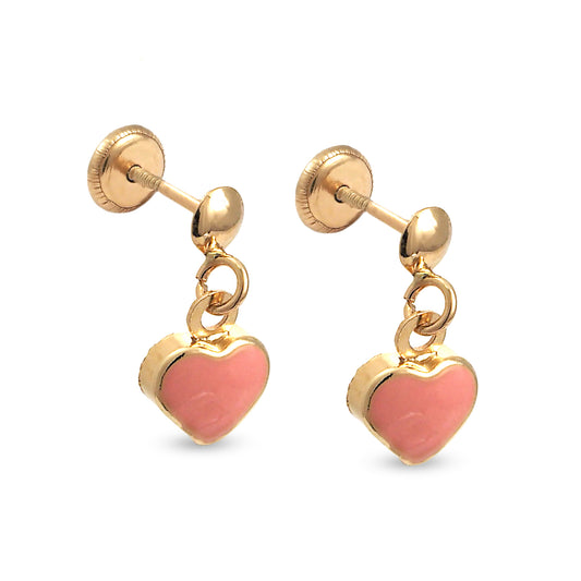 14K Yellow Gold Pink Heart Enamel Dangling Screwback Earrings