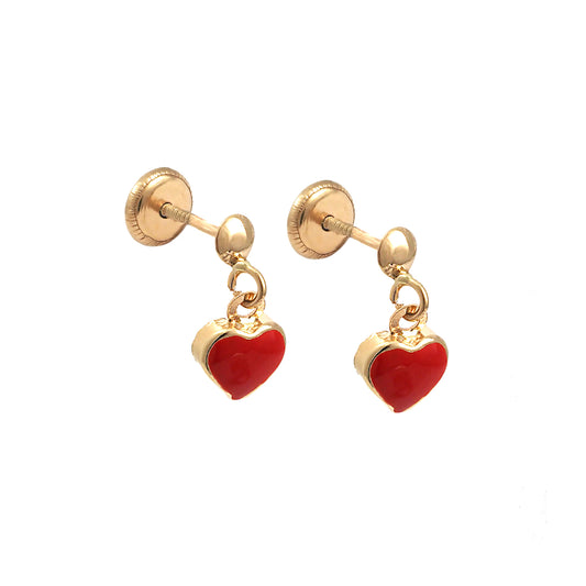 14K Yellow Gold Red Heart Enamel Dangling Screwback Earrings