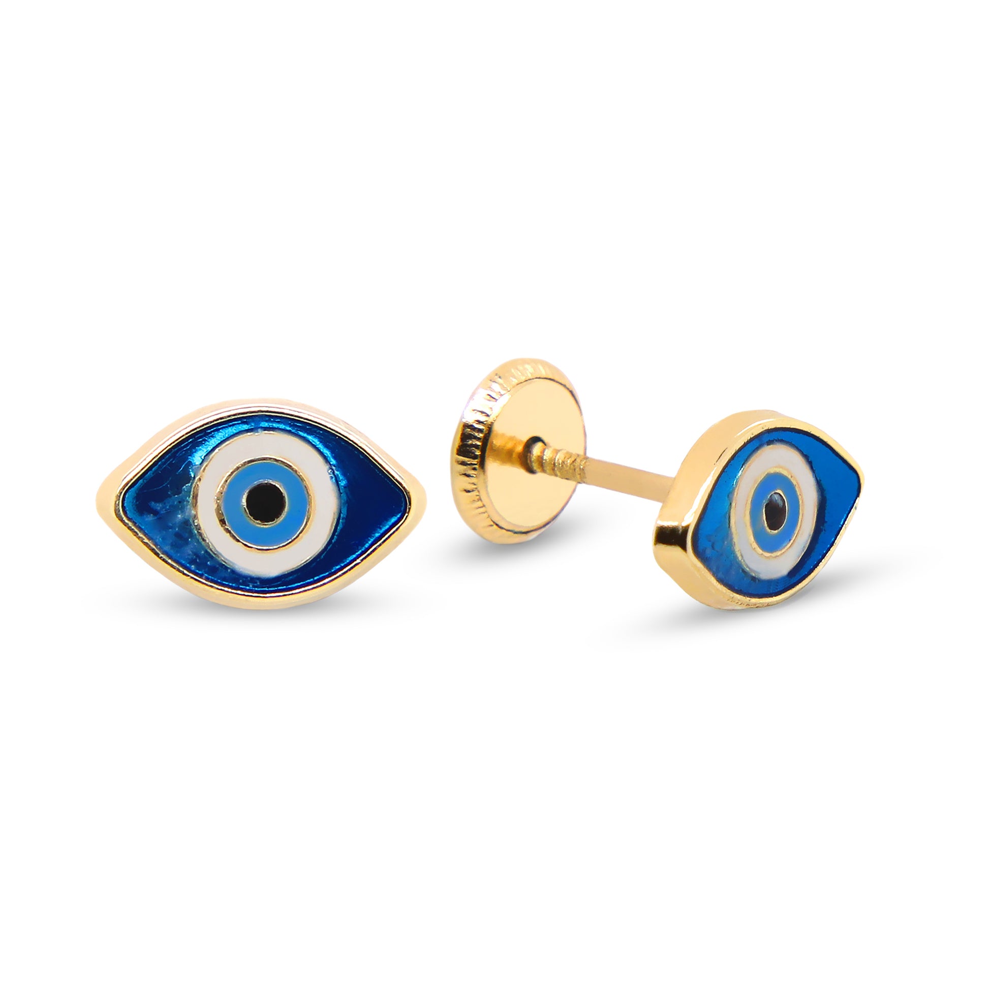 14K Yellow Gold Blue and White Evil Eye Enamel Screwback Earrings