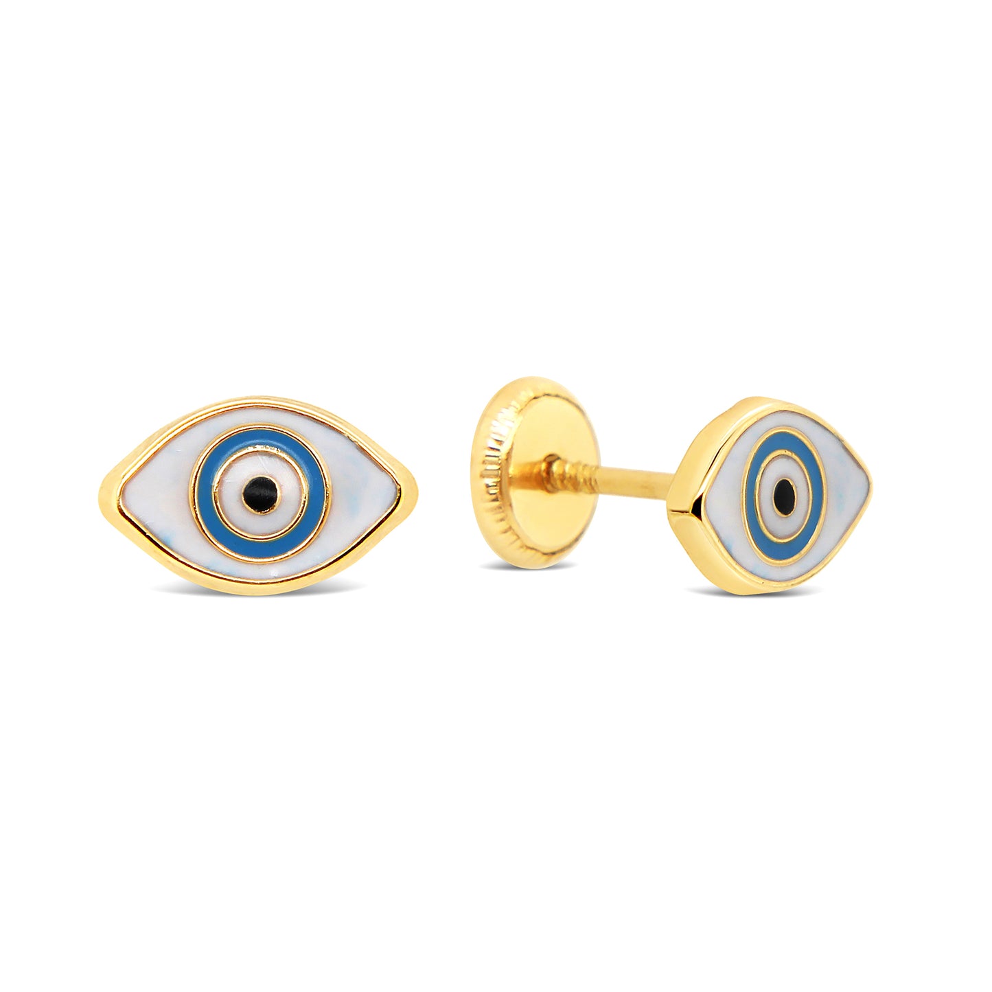 14K Yellow Gold White and Blue Evil Eye Enamel Screwback Earrings