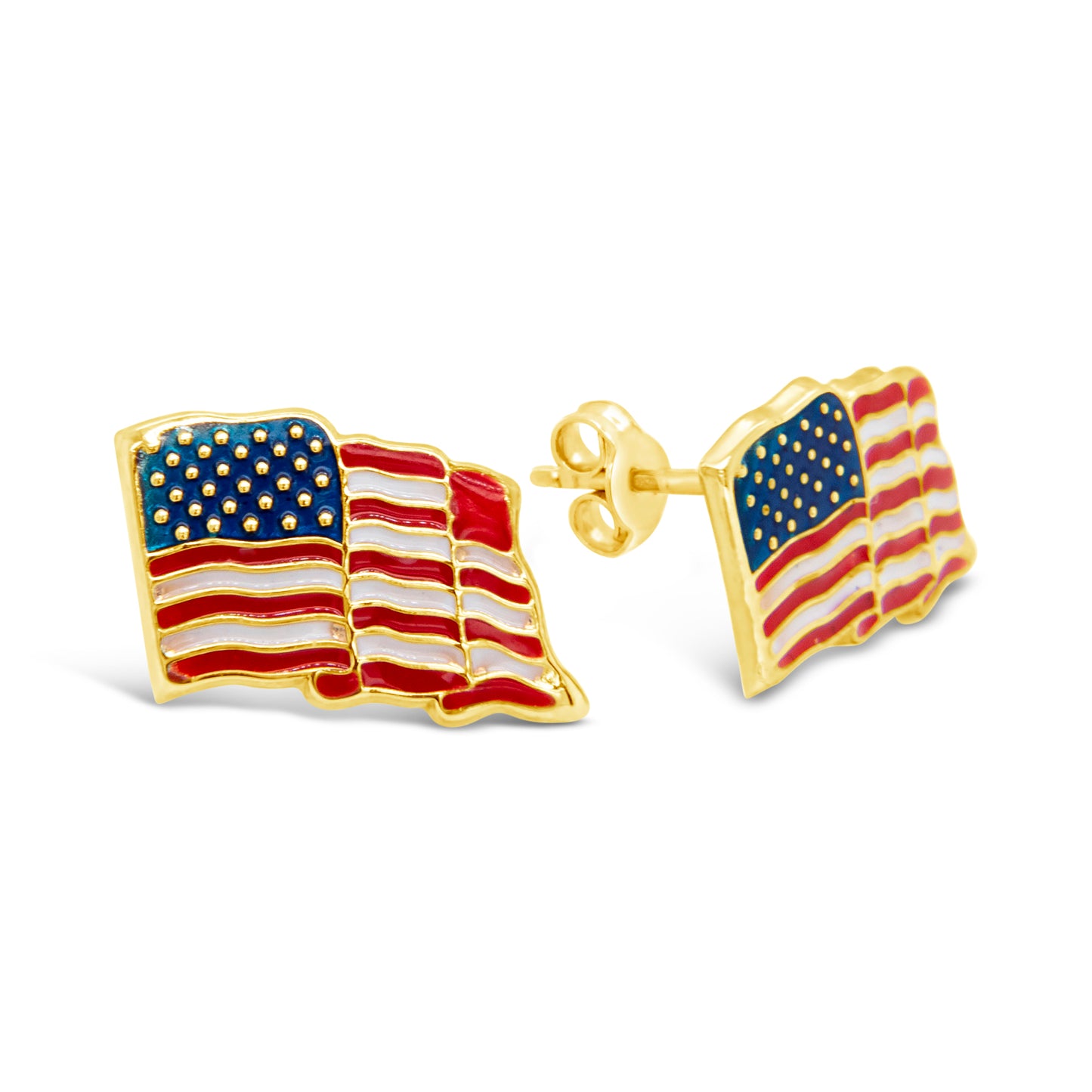 14K Yellow Gold American Flag Enamel Pushback Earrings