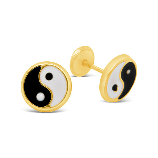14K Yellow Gold Large Yin and Yang Enamel Screwback Earrings