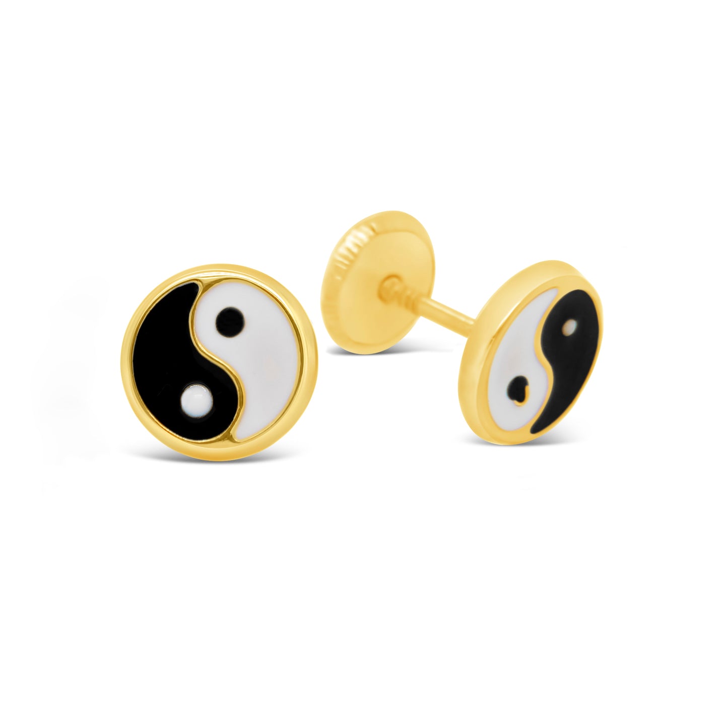 14K Yellow Gold Small Yin and Yang Enamel Screwback Earrings