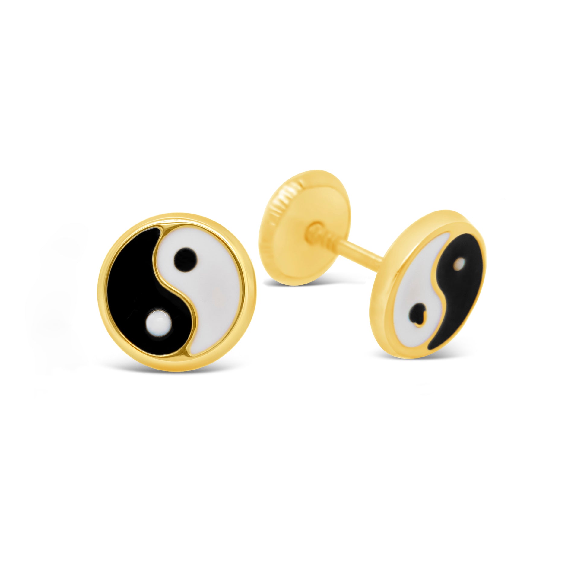 14K Yellow Gold Small Yin and Yang Enamel Screwback Earrings