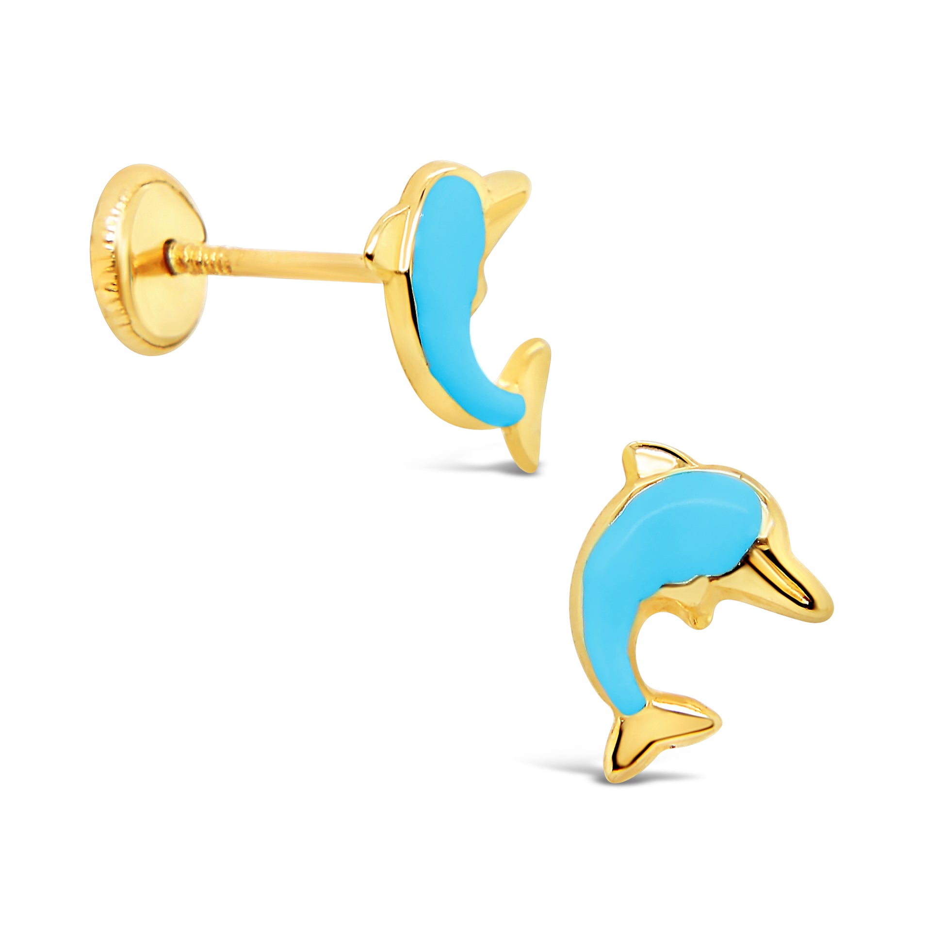 14K Yellow Gold Light Blue Dolphin Enamel Screwback Earrings