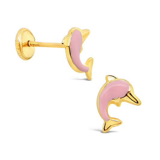 14K Yellow Gold Pink Dolphin Enamel Screwback Earrings