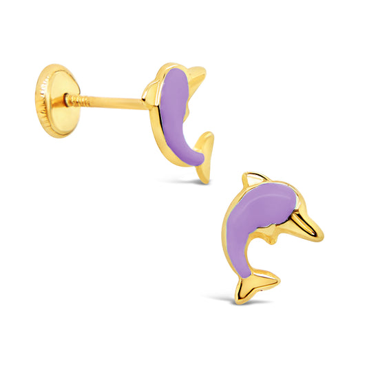 14K Yellow Gold Purple Dolphin Enamel Screwback Earrings