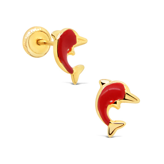 14K Yellow Gold Red Dolphin Enamel Screwback Earrings