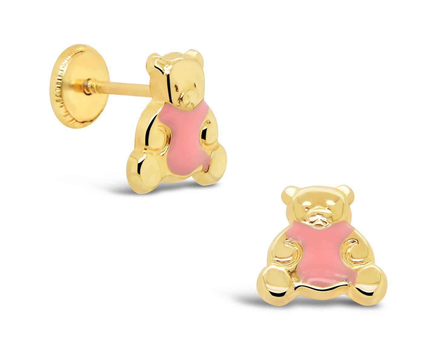14K Yellow Gold Pink Enamel Bear Stud Screwback Earrings