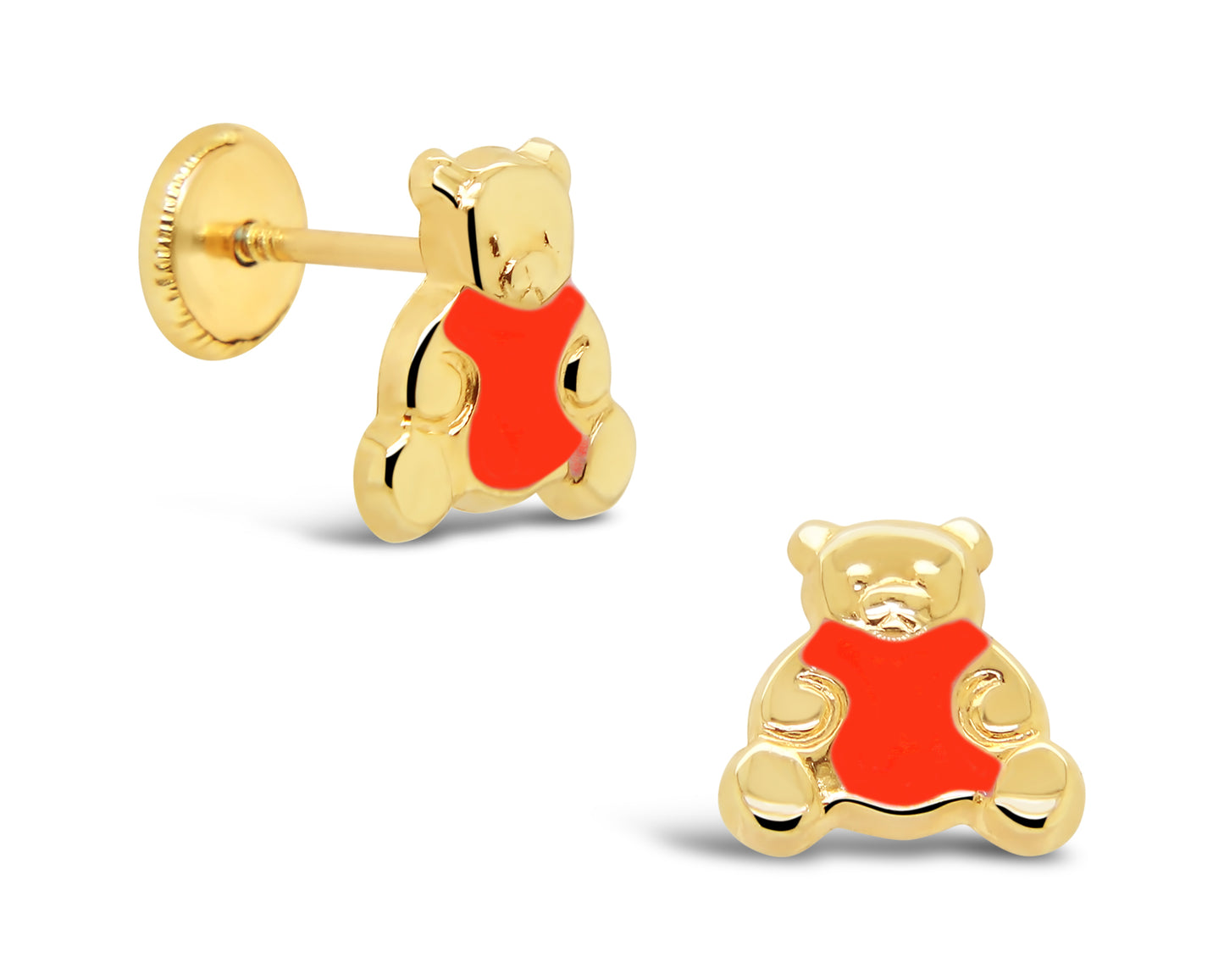 14K Yellow Gold Red Enamel Bear Stud Screwback Earrings
