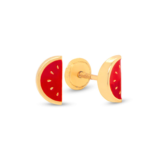 14K Yellow Gold Half Watermelon Enamel Screwback Earrings