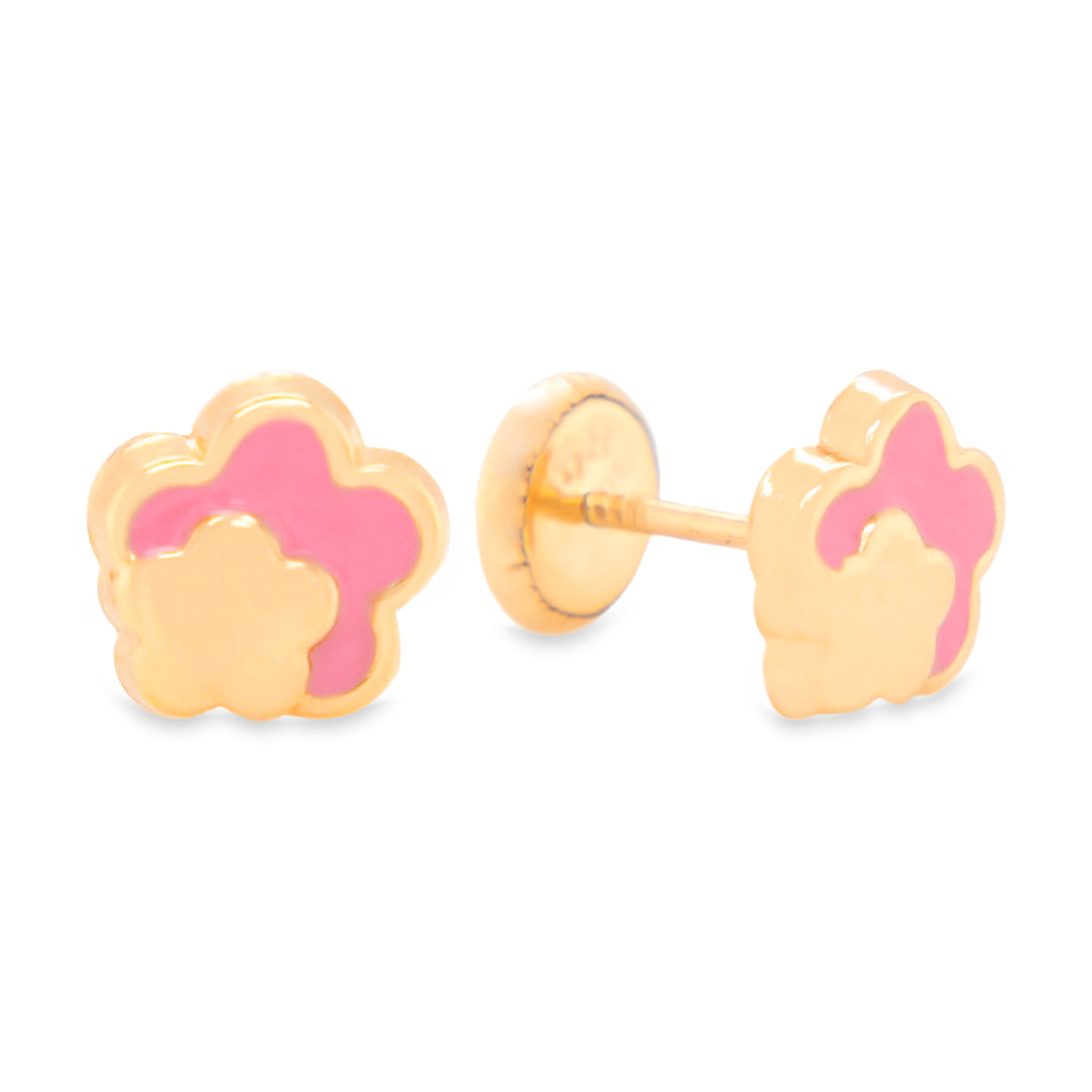 14K Yellow Gold Pink Flower Enamel Screwback Earrings