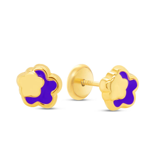 14K Yellow Gold Purple Flower Enamel Screwback Earrings