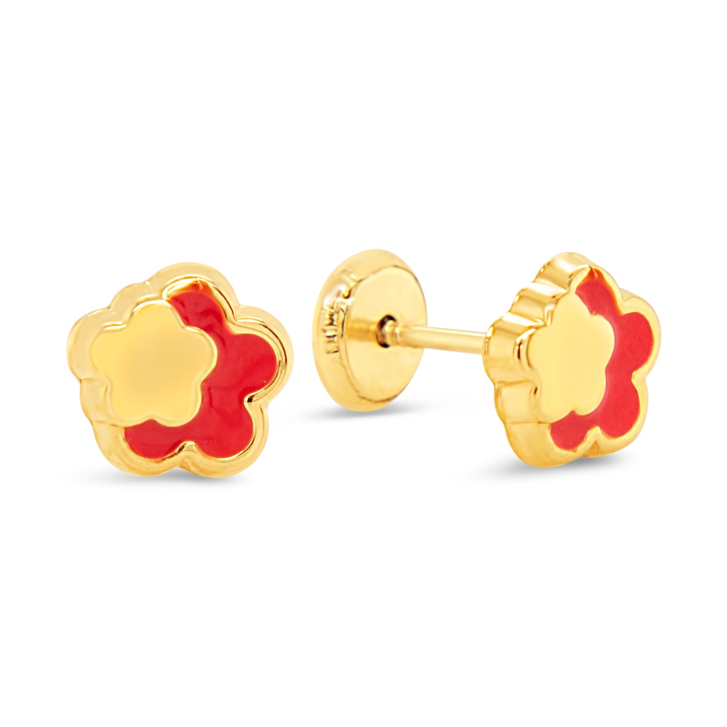 14K Yellow Gold Red Flower Enamel Screwback Earrings