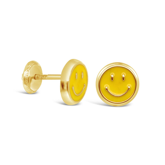 14K Yellow Gold Yellow Happy Face Enamel Screwback Earrings