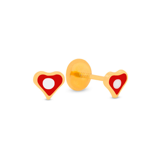 14K Yellow Gold Small Red and White Heart Enamel Screwback Earrings