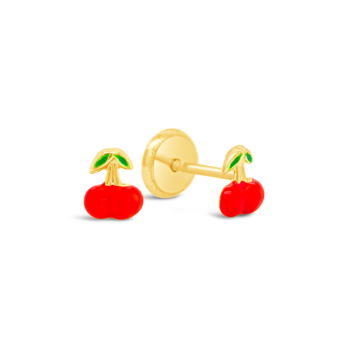 14K Yellow Gold Small Little Cherries Enamel Screwback Earrings