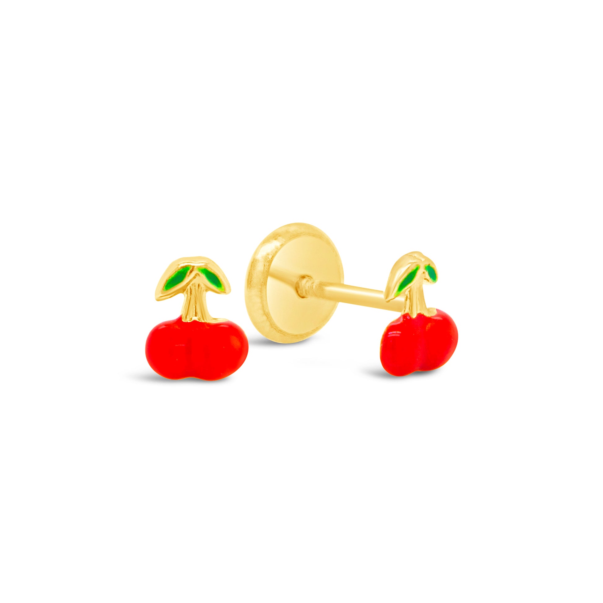 14K Yellow Gold Small Little Cherries Enamel Screwback Earrings