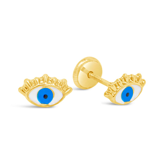 14K Yellow Gold Evil Eye with Eyelashes Enamel Screwback Earrings