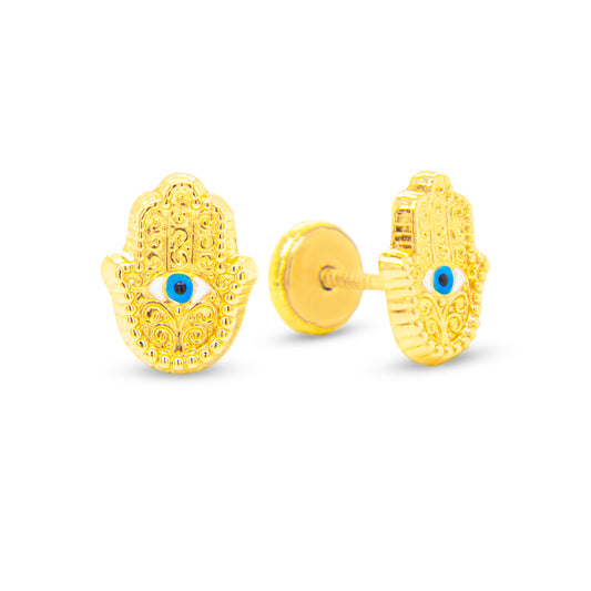 14K Yellow Gold Hamsa and Evil Eye Enamel Screwback Earrings