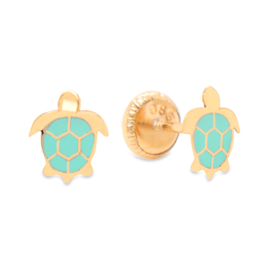 14K Yellow Gold Green Turtle Enamel Screwback Earrings