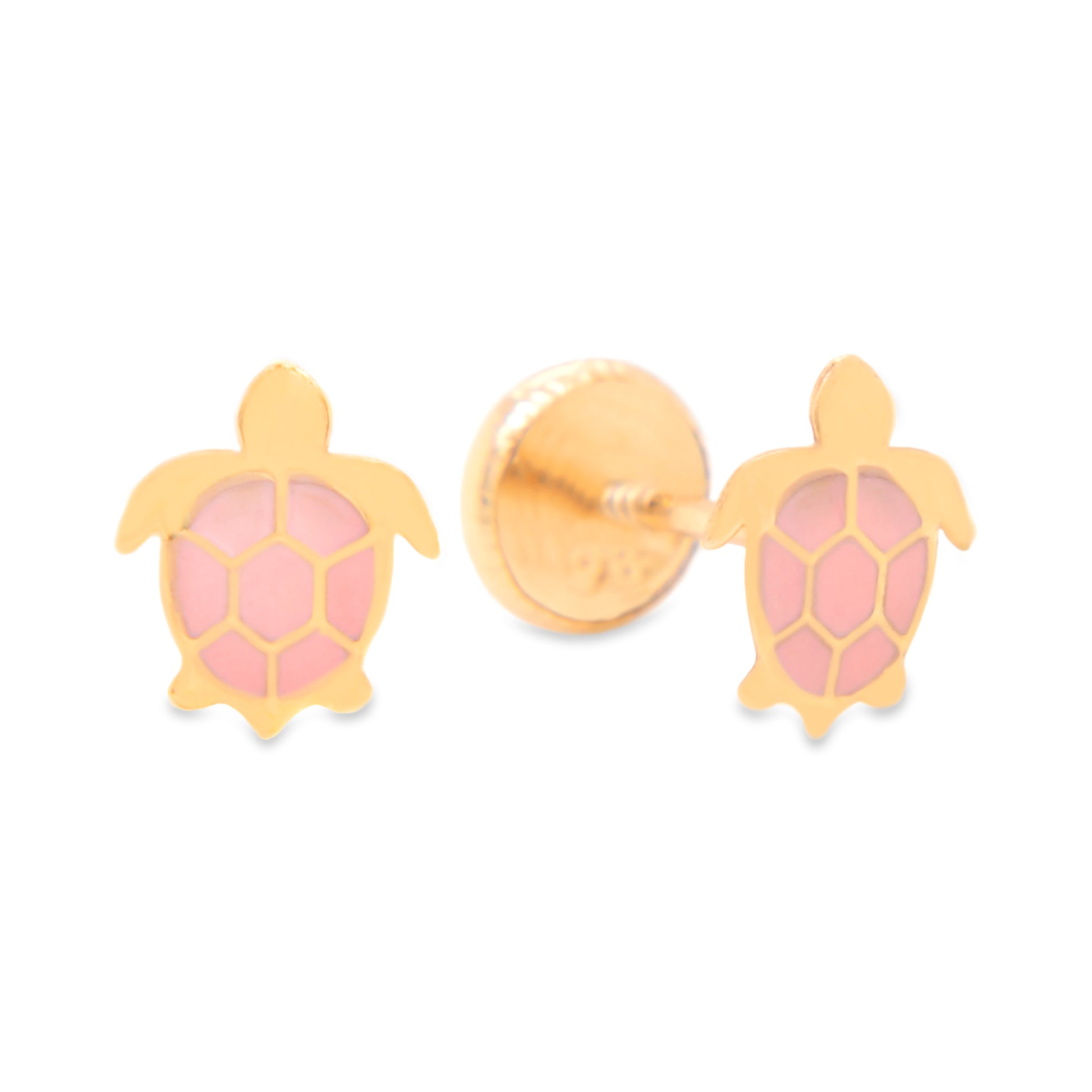 14K Yellow Gold Pink Turtle Enamel Screwback Earrings