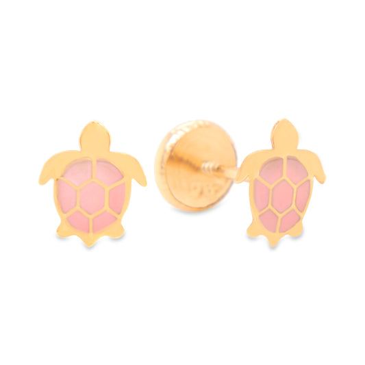 14K Yellow Gold Pink Turtle Enamel Screwback Earrings