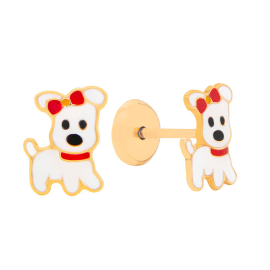14K Yellow Gold Dog Enamel Screwback Earrings