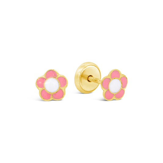 14K Yellow Gold Pink and White 5 Petals Flower Enamel Screwback Earrings