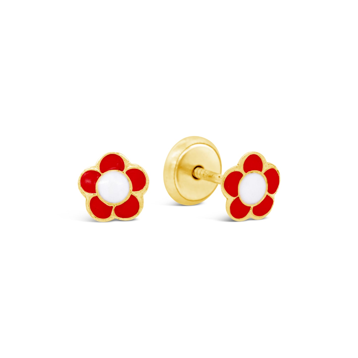 14K Yellow Gold Red and White 5 Petals Flower Enamel Screwback Earrings