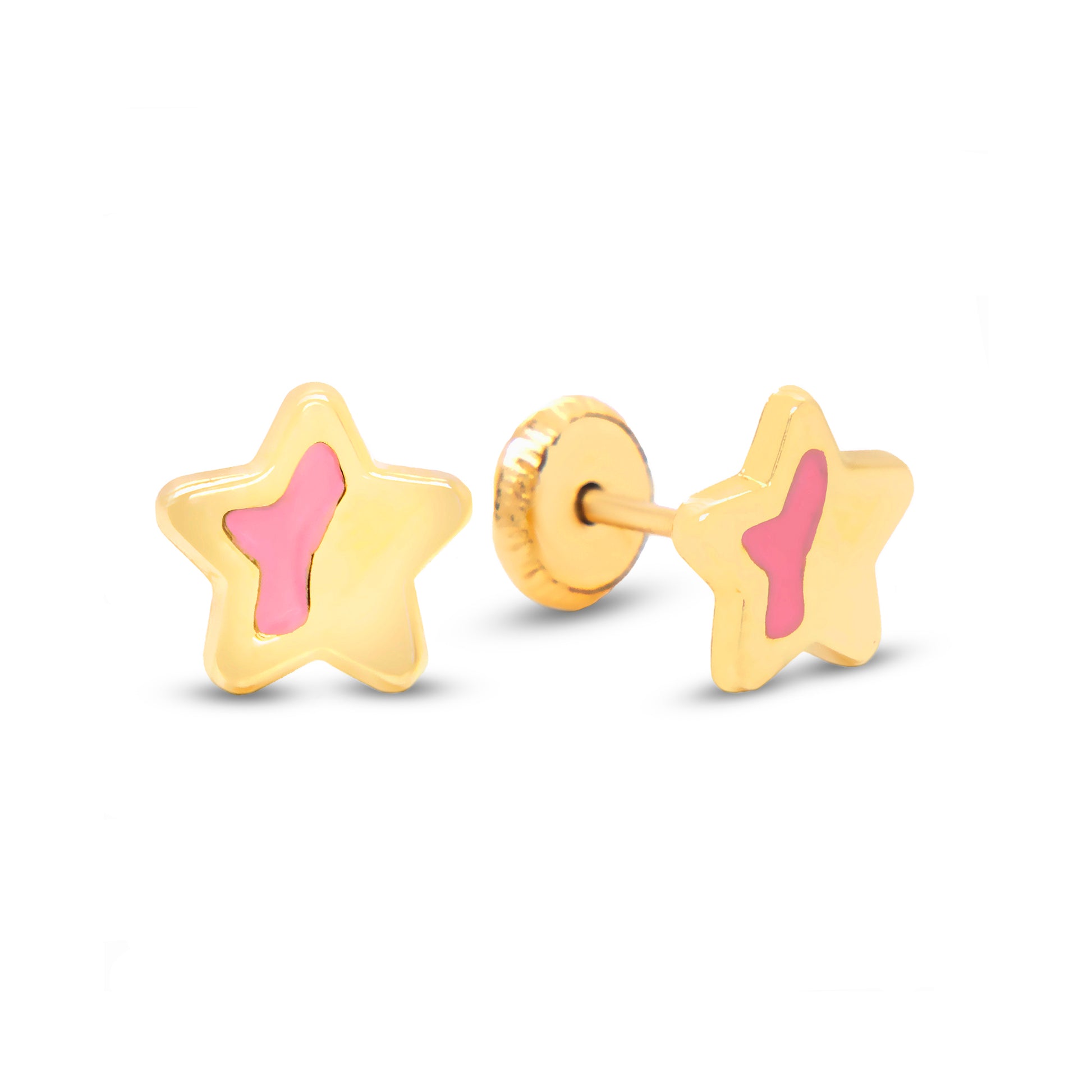 14K Yellow Gold Pink Star Enamel Screwback Earrings