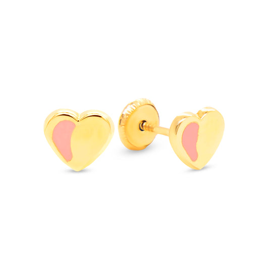 14K Yellow Gold Pink Heart Enamel Screwback Earrings