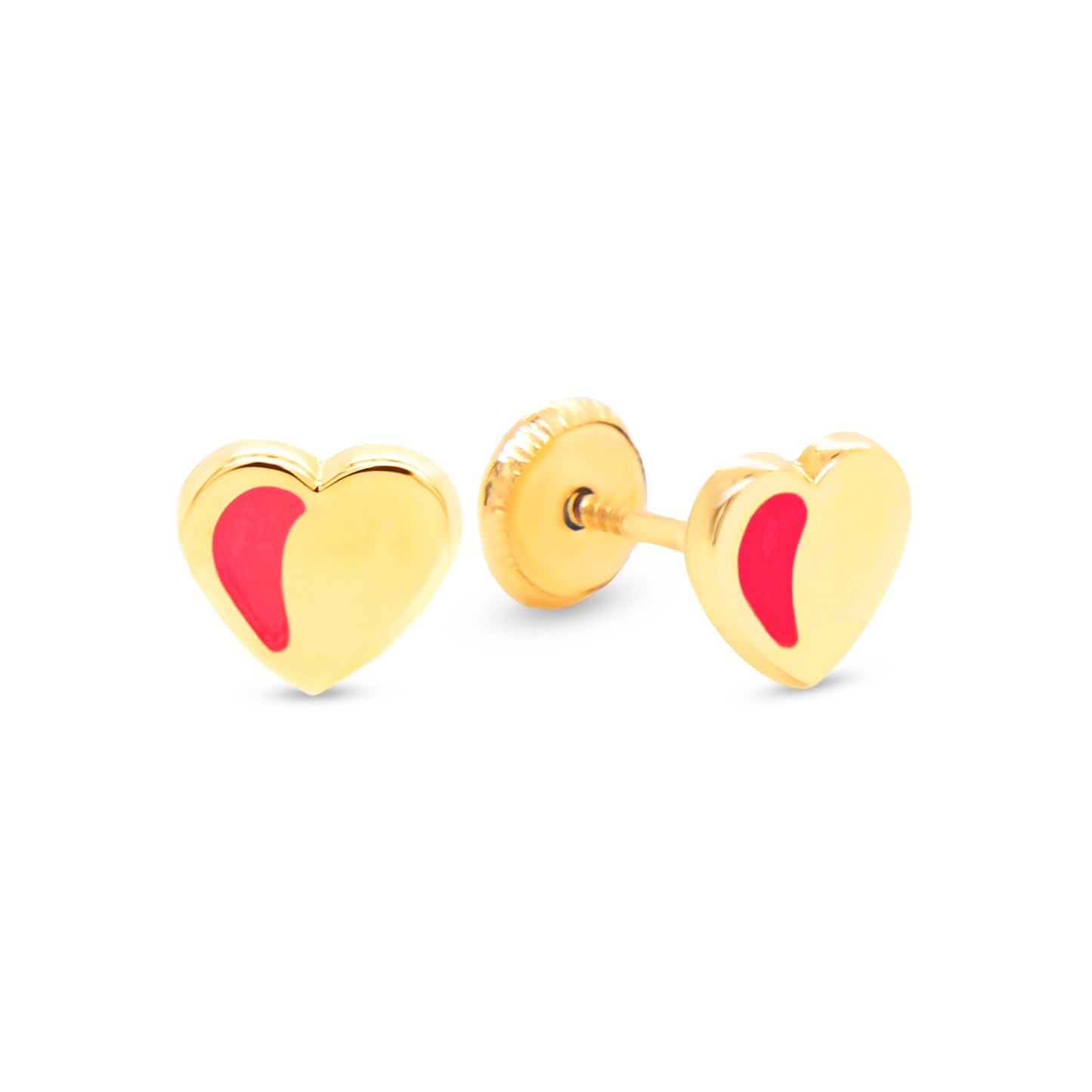 14K Yellow Gold Red Heart Enamel Screwback Earrings