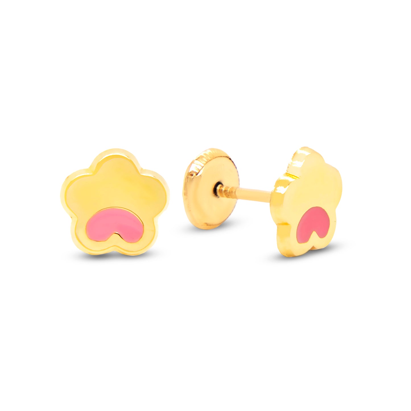 14K Yellow Gold Pink Flower Enamel Screwback Earrings