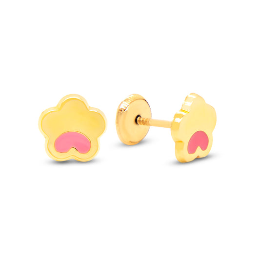 14K Yellow Gold Pink Flower Enamel Screwback Earrings