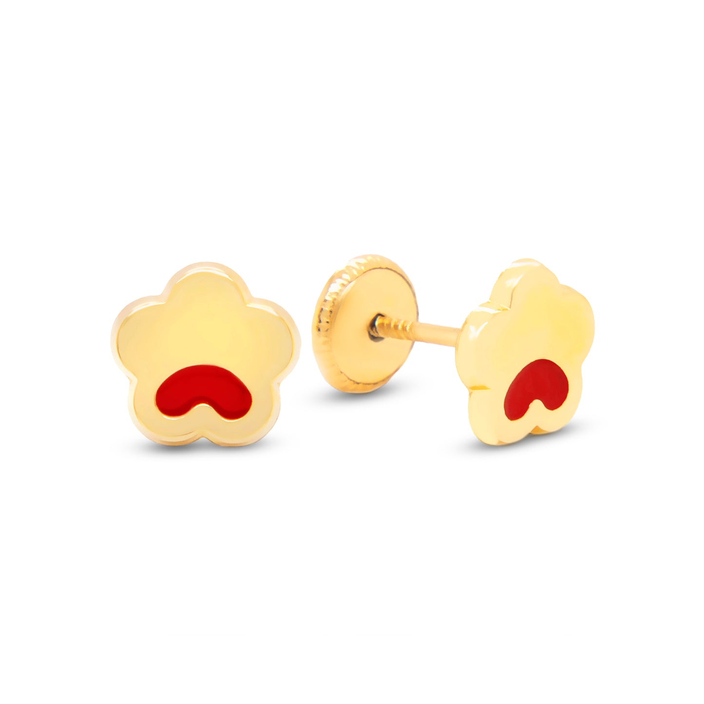 14K Yellow Gold Red Flower Enamel Screwback Earrings