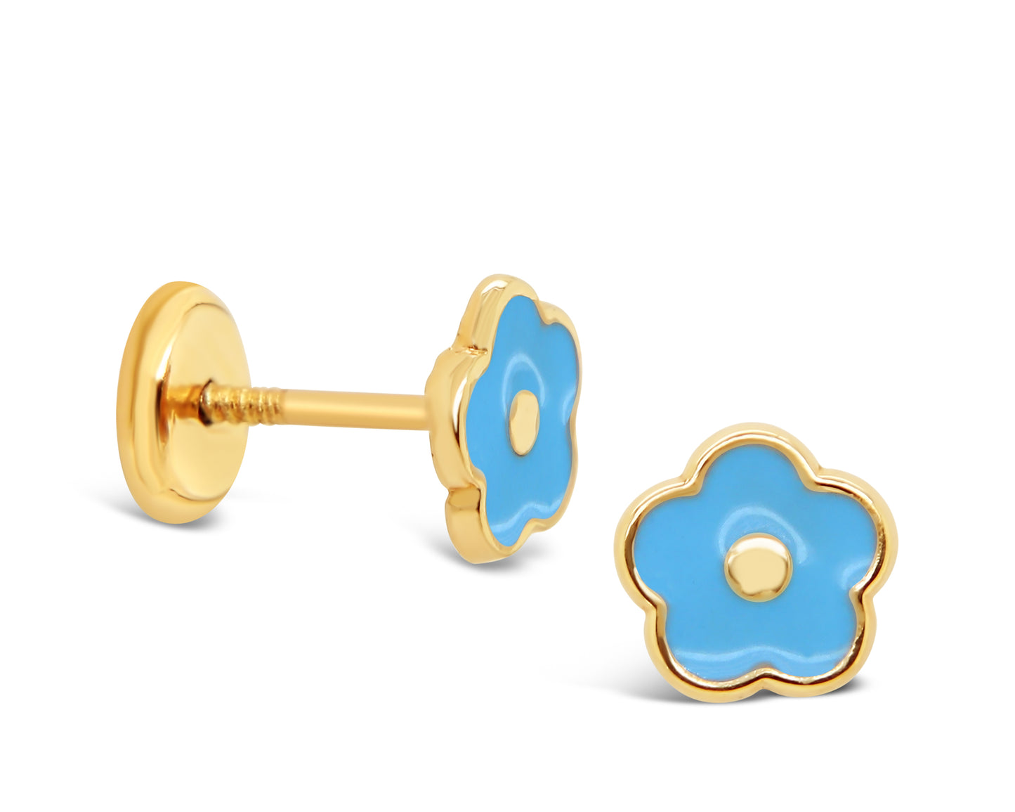 14K Yellow Gold Medium Blue Enamel Flower Screwback Earrings