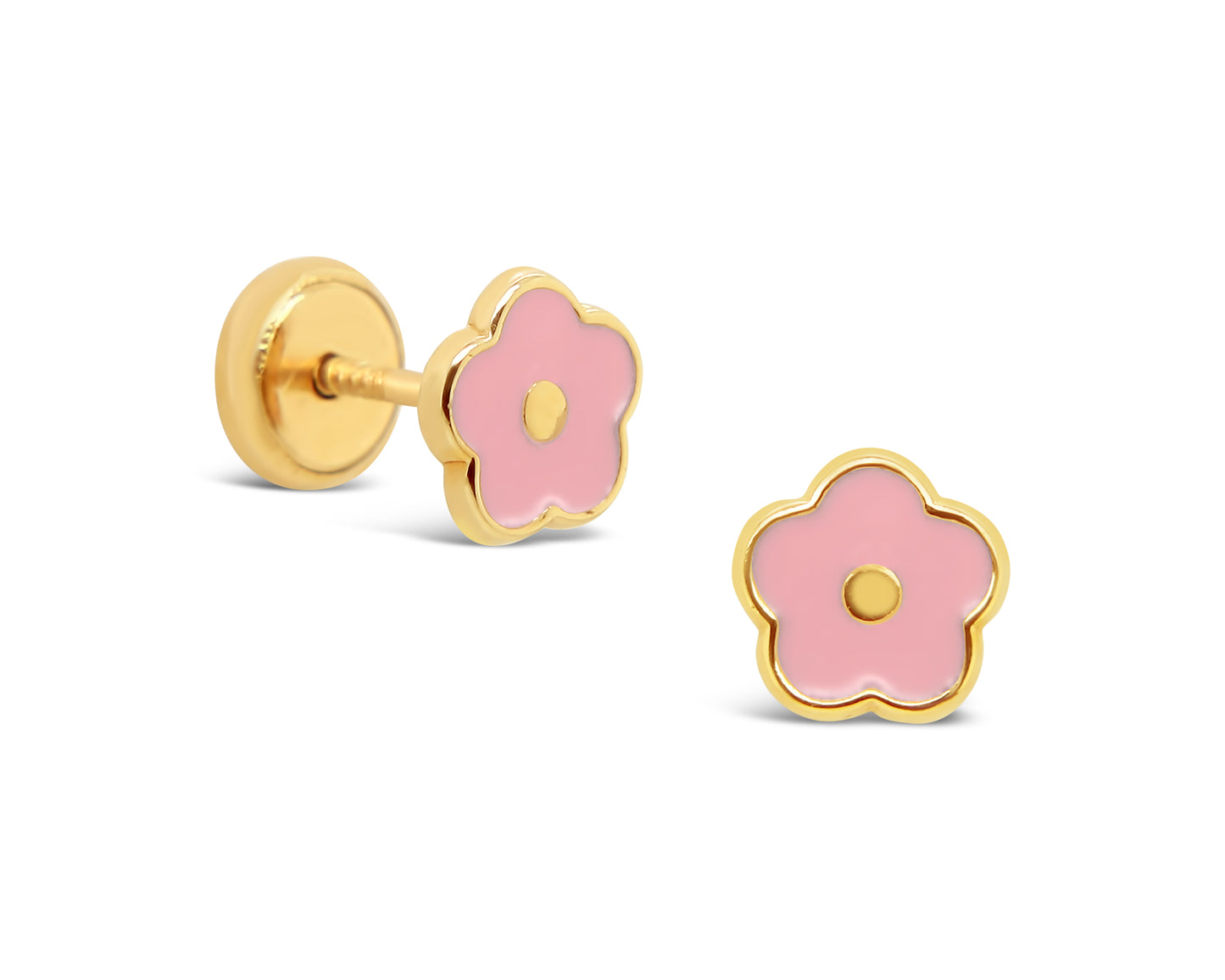 14K Yellow Gold Medium Pink Enamel Flower Screwback Earrings