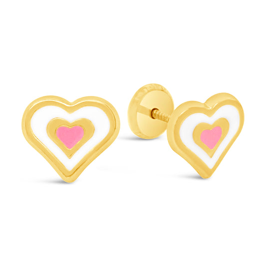 14K Yellow Gold Medium Pink and White Heart Enamel Screwback Earrings